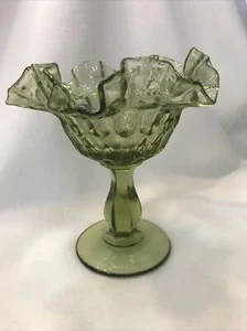 Vintage ca 1970's Fenton Green Glass Footed Compote Dish Ruffled Thumbprint - Picture 1 of 7