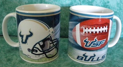 UNIVERSITY OF SOUTH FLORIDA COFFEE MUGS~MATCHING PAIR~USF~BULLS~FOOTBALL/HELMET Cover