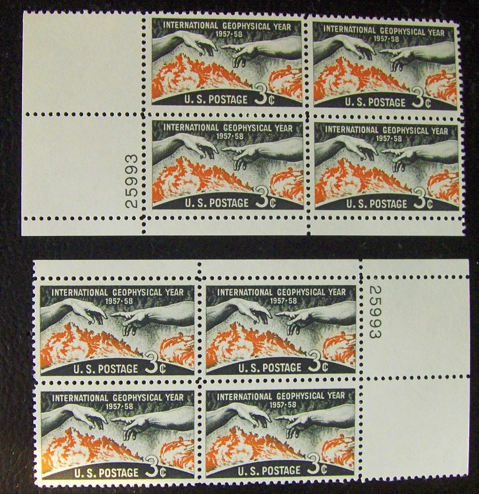 US 3¢ stamp SC #1107 International Geophysical Year MNH 2 plate blocks w/ matchi - Image 1 of 1