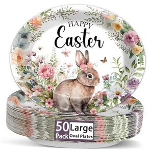 50 PCS Oval Paper Plates Large 11”Disposable Vintage Bunny Rabbit Happy Easter - Picture 1 of 7