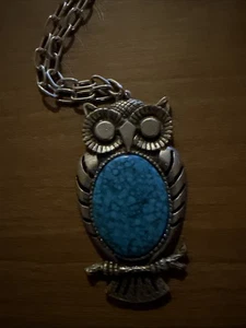 Owl Pendant Necklace Jewelry Faux Turquoise, 2x3.5” Owl, 22” Chain - Picture 1 of 4