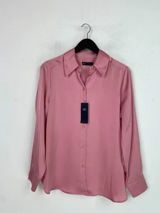 M&S Pink Plain Blouse Classic Shirt Collar Long Sleeve Satin Look UK 14 New - Picture 1 of 13