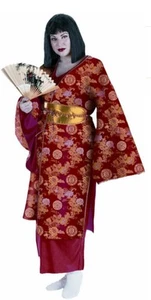 Adult Geisha Red Complete Costume Plus Size (18-20) Kimono Dress Belt Wig Fan - Picture 1 of 4