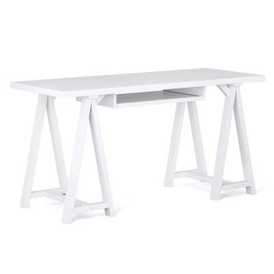 Sawhorse Desk - 60-Inch Wide Solid Wood Writing Desk in White, Modern Industr... - Image 1 of 4