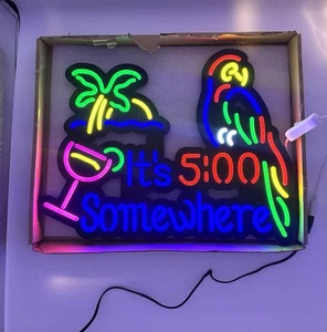 It's 5 00 Somewhere Parrot LED Neon Light Sign Palm Tree Bar Wall Decor 17"x13" - Picture 1 of 6