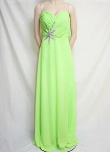 LONG STRAPLESS SATIN & CHIFFON EVENING DRESS LIME GREEN RHINESTONES SIZE 16 - Picture 1 of 2