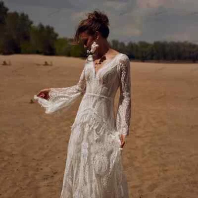 Boho V Neck Wedding Dress Long Sleeves Lace Off-Back A-Line Train Bridal Gown - Image 1 of 4