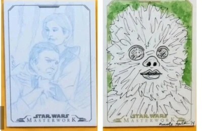 LOT 2 SKETCH CARDS: 2014 STAR WARS MASTERWORK SIGNED AUTO Chewbacca RARE SP  - Image 1 of 4