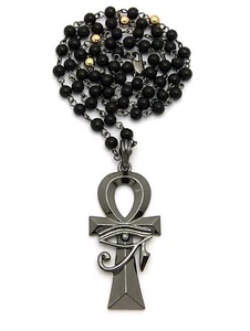 Egyptian Eye of heru Ankh Pendant 6mm 30" Glass Bead Hip Hop Necklace RC2370 - Picture 1 of 17