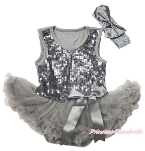 Silver Gray Sparkle Bling Sequin Bodysuit Gray Pettiskirt Girl Baby Dress NB-18M - Picture 1 of 3