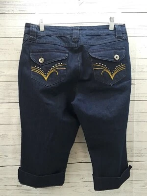 Jeans Baccini Capri Azul Talla 8P Denim Embrioderado Tachonado Puño Solapa Bolsillos Foto 1 de 4