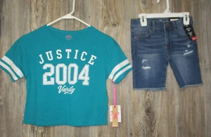 Justice NWT Girls Small 7-8 Teal Short Slv Top  & Jordache Size 7 Jean Short Lot - Picture 1 of 18