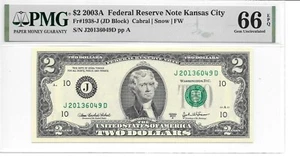 2003A Kansas City $2 FRN Harder to Find JD Block PMG 66 EPQ Gem Uncirculated - Picture 1 of 2