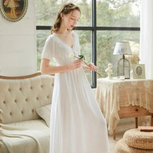 Women Lace Night Dress Lolita Nightgown V Neck Backless Sleepwear Pajamas White - Picture 1 of 15