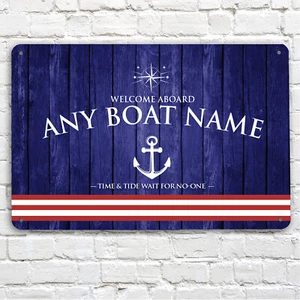 Personalised Boat Sign - Canal Boat, Yacht Blue & Red stripes A4 metal Sign  - Picture 1 of 4
