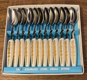 12 Vintage kleine Demitasse Edelstahl Löffel neu in Box 50er Jahre - Bild 1 von 6