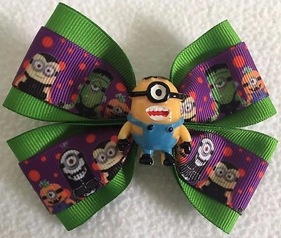 Moño de pelo para niñas de 4" de ancho Minions Halloween monstruos cinta verde clip de cocodrilo Foto 1 de 2