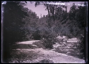ANTIQUE GLASS NEGATIVE, DIRT ROAD ALONG STREAM WITH SMALL DAM, UNKNOWN LOCATION - Picture 1 of 1