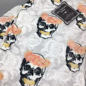 Halloween Sugar Skull Gold Pink Floral Throw Blanket MicroFleece Gray Damask - Picture 1 of 8