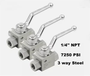 Válvula de bola de acero hidráulica de alta presión NPT 7250 PSI 3 vías 1/4" - Imagen 1 de 6