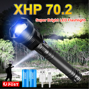 Super Bright XHP70 LED Flashlight Rechargeable USB Tactical Zoom High Beam Torch