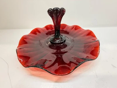 Vintage Anchor Hocking Glass Tidbit Tray Royal Ruby Red Center Handled Plate - Image 1 of 4
