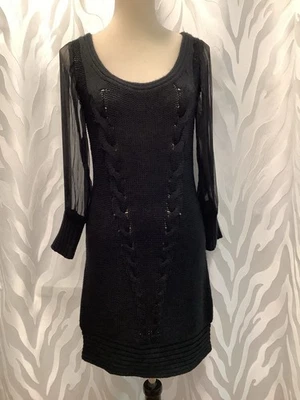 Bebe Women’s Black Wool Blend Sheer Silk Sleeve Sweater Dress (L) - Image 1 of 4