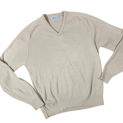 Pinnacle Made in USA Beige Knit V-Neck Sweater Men's XL Vintage 70s-80s - Image 1 of 4