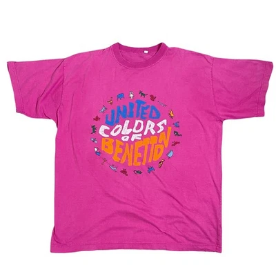 Vintage United Colors of Benetton Graphic TShirt L Pink Colorful Animals 80s 90s - Image 1 of 4