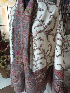 CHAL BLANCO ROTO KANI JAMAWAR DISEÑO FLORAL 100% CACHEMIRA PASHMINA ENVOLTURA - Imagen 1 de 5