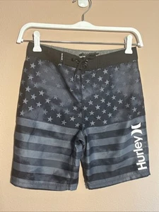 Hurley Board Shorts Swim Trunks Black Gray USA Flag Stars Stripes Boys 10 25 - Picture 1 of 4