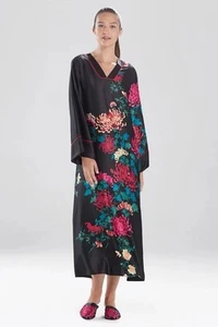 Natori Chrysanthemum Floral Caftan Dress Black Multi Lounge Kimono Size S Boho - Picture 1 of 13
