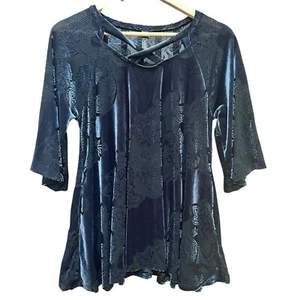 Tunica Yahada U.S.A. top velluto motivo floreale nera maniche a campana stravagante LG - Foto 1 di 8