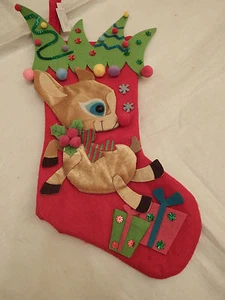 Rudolf CHRISTMAS STOCKING - Lined approx 47cm - Picture 1 of 3