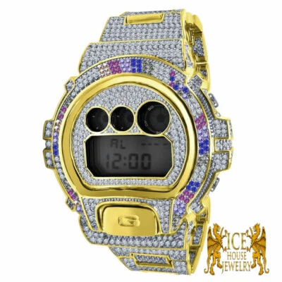 Reloj Personalizado Hombre Bling Arco Iris Diamante Simulado G Shock DW 6900 2 Tonos Oro Foto 1 de 4