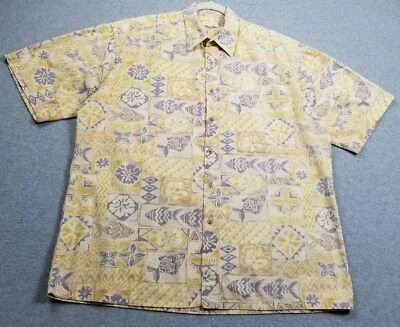 VTG Pierre Cardin Button Up Shirt Men Large Yellow Gray Fish Short Sleeve Pocket - Image 1 of 4