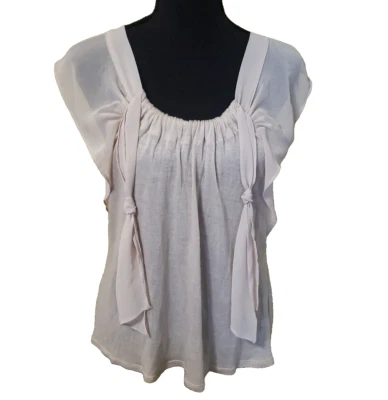 Anthropologie Womens Ivory Flutter Sleeve Cinched Scoop Neck Swing Top Deletta S - Image 1 of 4