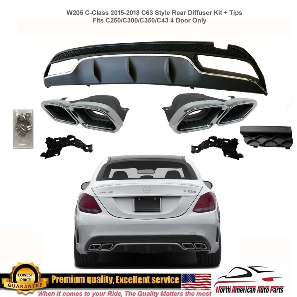 Difusor C63 + Puntas de silenciador cromadas Kit de escape cuadrado AMG W205 sedán solo 15-18 Foto 1 de 4