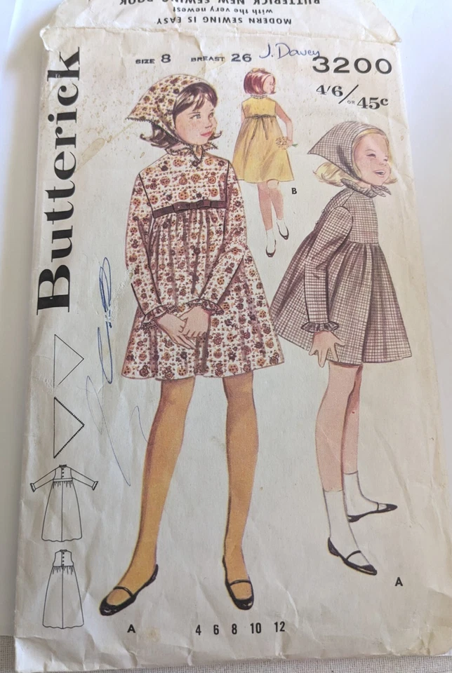 50s Vintage Butterick Pattern 3200 Girls Yoked Dress With Buttons& Scarf Size 8 - Image 1 of 2