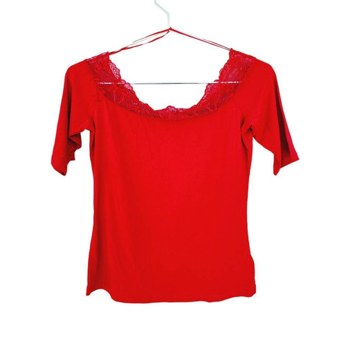 Michael Kors crop top rosso aderente manica corta scollo a scoop pizzo misto cotone S