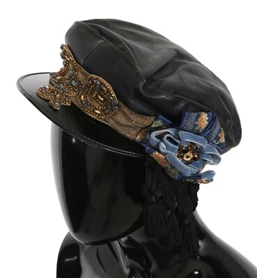 DOLCE & GABBANA Hat Black Leather Crystal Beads Gold Ribbon Fiddler Cap s. 56/XS - Image 1 of 4