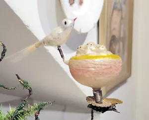 Three Birds in Nest, with Mother Watching over them. 1920s German Glass Xmas O. - Picture 1 of 11
