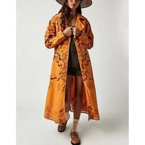 Free People Susanna Floral Eyelet Duster Kimono Long Cardigan Sz M In Mustard - Picture 1 of 15