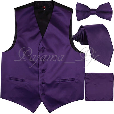 Deep Purple Solid Vest Waistcoat and Straight Cut BowTie & Necktie Hanky Wedding - Image 1 of 3