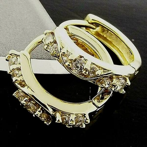 Hoop Earrings 18k Yellow Gold Filled Solid Ladies Diamond Simulated Huggie Style - Picture 1 of 4