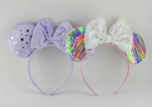 2 Disney Ear Headbands Purple Bow Sequin Pastel Iridescent - Picture 1 of 9