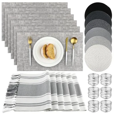  Juego de 19 piezas de mantel individual y servilleta moderno tejido macramé gris Foto 1 de 4