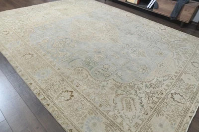 9.6x12.6 ft Medallion Vintage Turkish Oushak Rug, Beige Brown Handmade Wool Rug - Image 1 of 4