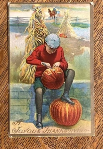 Preciosa postal antigua 1909 Emb de Acción de Gracias CHICO TALLADO CALABAZA JOL de colección! - Imagen 1 de 4
