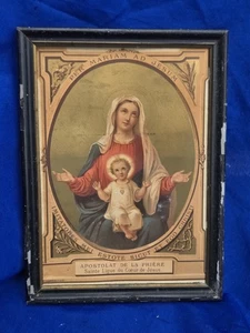Antigua litografía enmarcada francesa de la Virgen María y el Niño Jesús dorada - Imagen 1 de 7